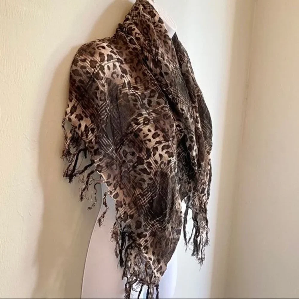 Animal Print Woven Scarf with Fringe